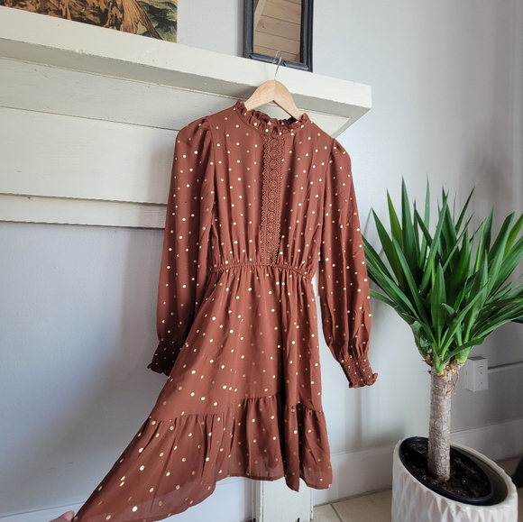 NWT SWEET WANDERER  Brown and Gold Polka Bohemian Dress - Picture 13 of 14